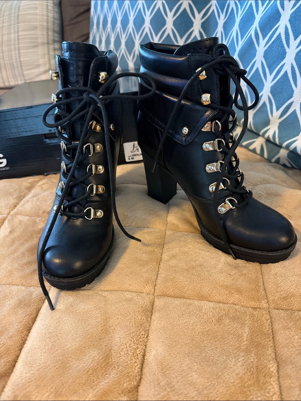 G by Guess Black Lace-Up Heeled Combat Boots with Gold Hardware, NWOT